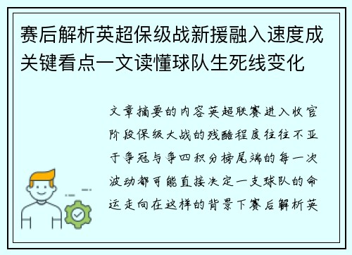 赛后解析英超保级战新援融入速度成关键看点一文读懂球队生死线变化 赛后解析英超保级战新援融入速度成关键看点一文读懂球队生死线变化